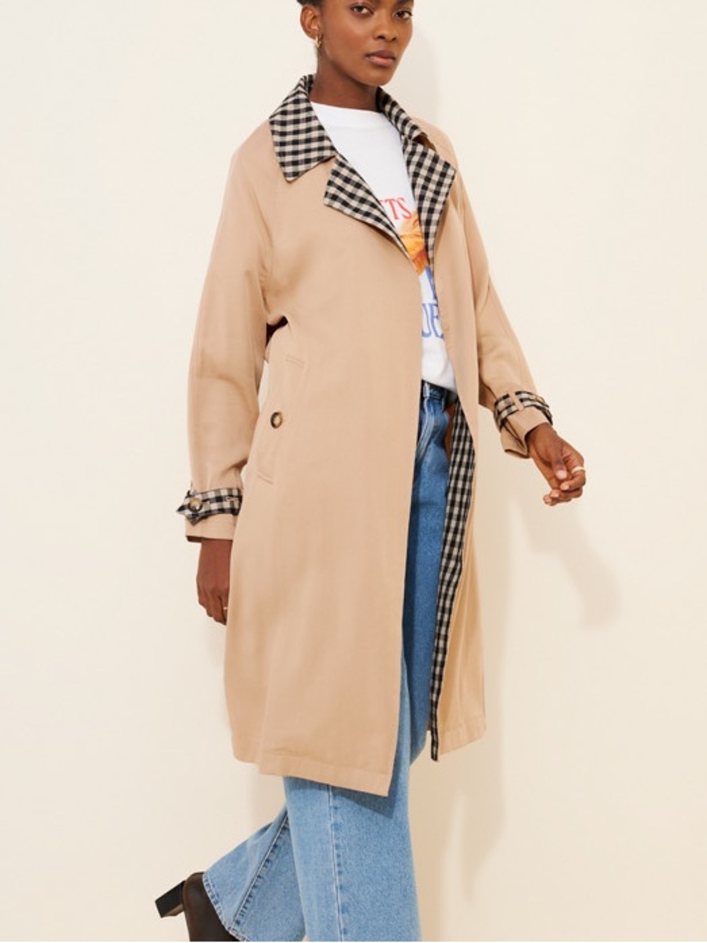 4SI3NNA Stella Gingham Beige Trench Coat with Black & White Gingham Lining
